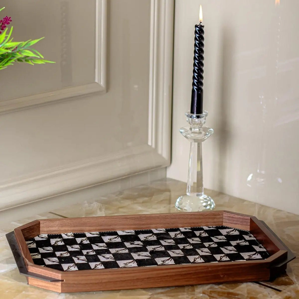 Serving Tray Black And White Checkered Tray - Horse Hair - Daamaira Home and Living Ltd