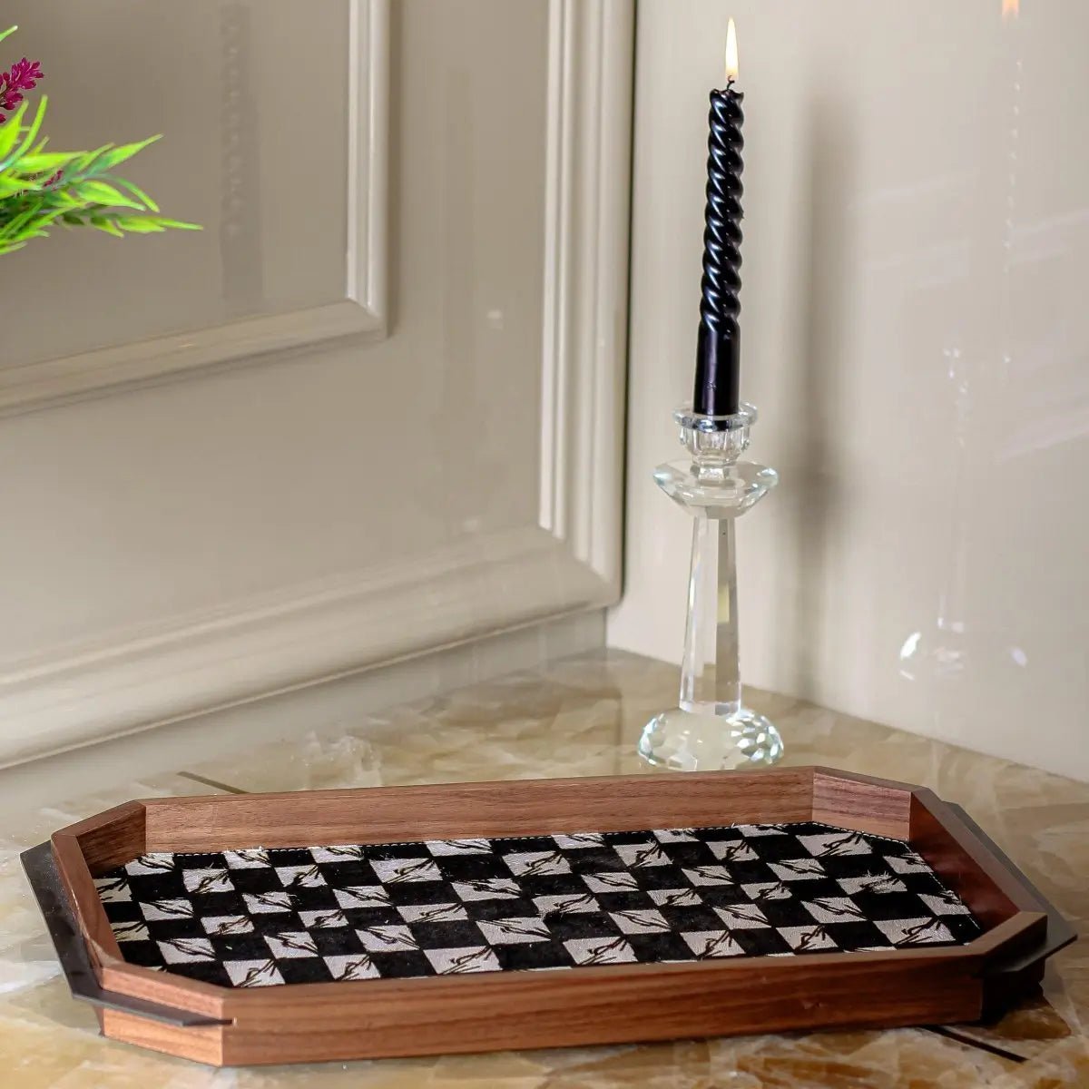 Serving Tray Black And White Checkered Tray - Horse Hair - Daamaira Home and Living Ltd