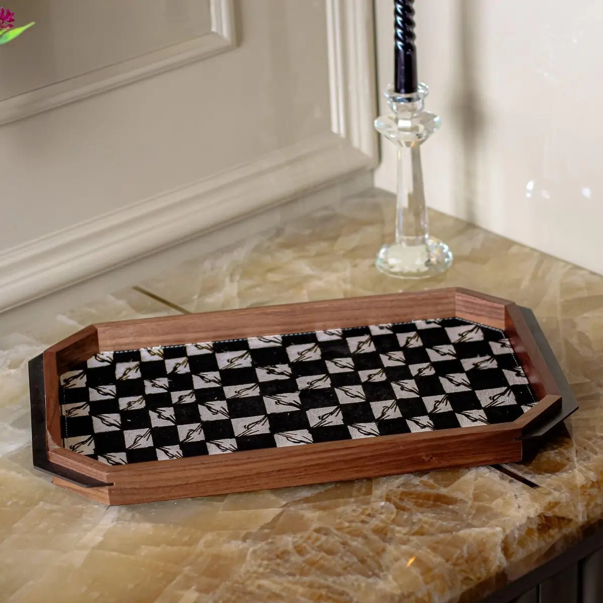 Serving Tray Black And White Checkered Tray - Horse Hair - Daamaira Home and Living Ltd