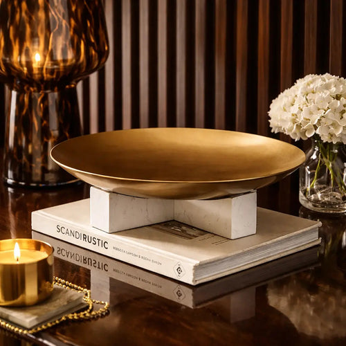 Decorative Platters Brass Tray With Marble Stand - Daamaira Home and Living Ltd