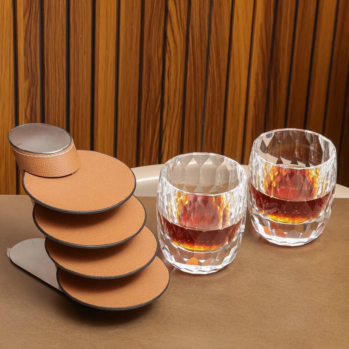 Coasters Leather Coasters With Stand - Brown - Daamaira Home and Living Ltd