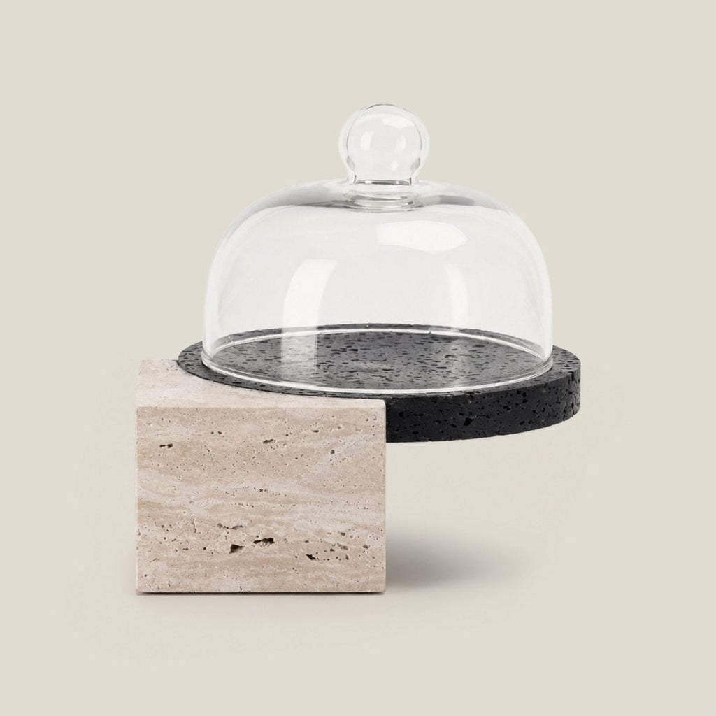 Serving Tray Marble-Cake And Dessert Stand With Lid - Beige & Black - Daamaira Home and Living Ltd
