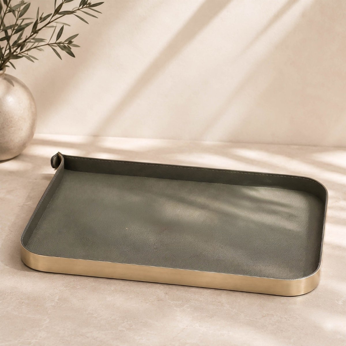 Organiser Tray Nordic Vanity/Serving Tray - Brush Gold And Olive Green Large - Daamaira Home and Living Ltd