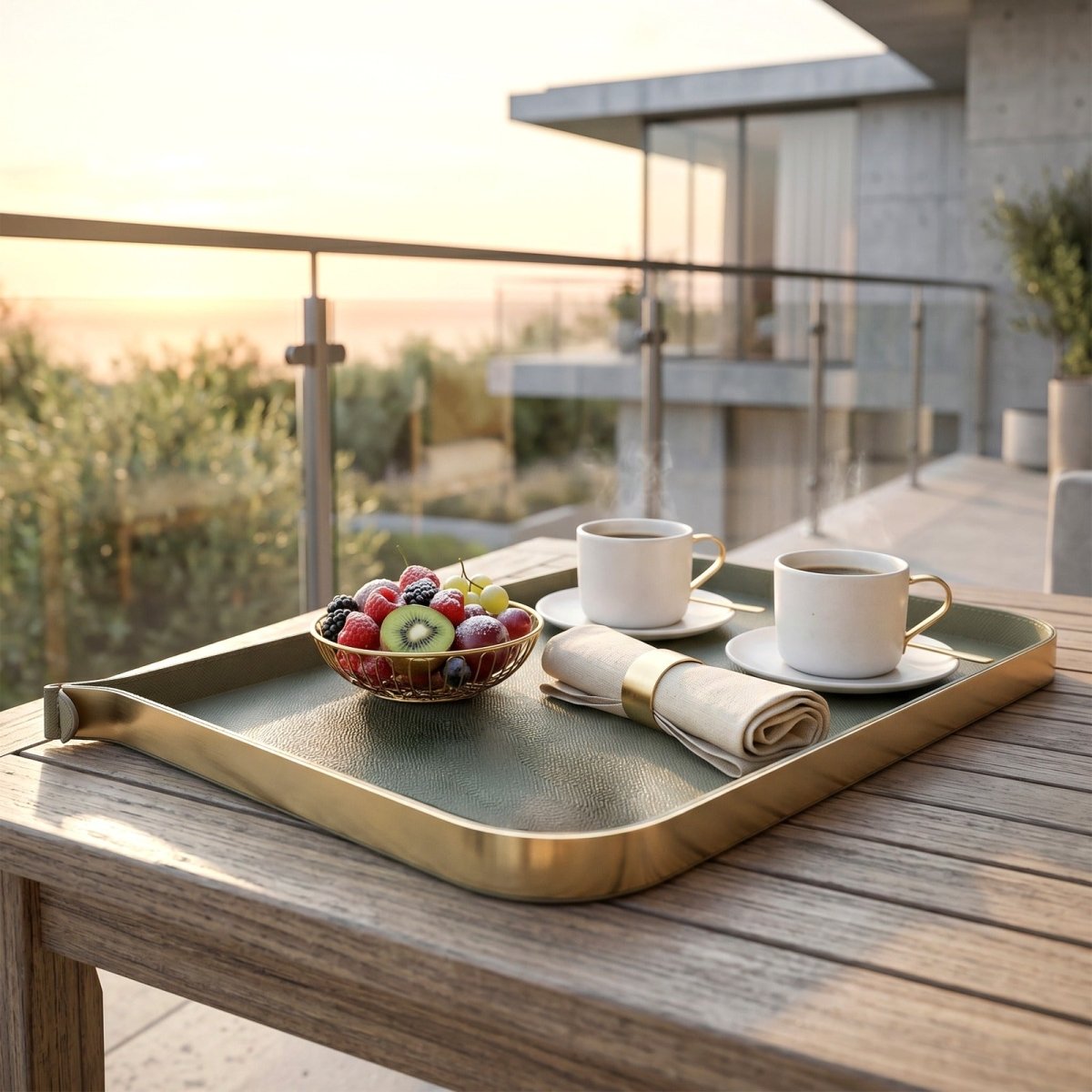 Organiser Tray Nordic Vanity/Serving Tray - Brush Gold And Olive Green Large - Daamaira Home and Living Ltd