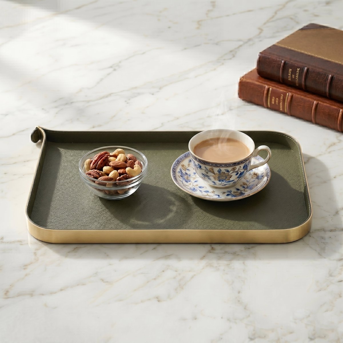 Organiser Tray Nordic Vanity/Serving Tray - Brush Gold And Olive Green Small - Daamaira Home and Living Ltd