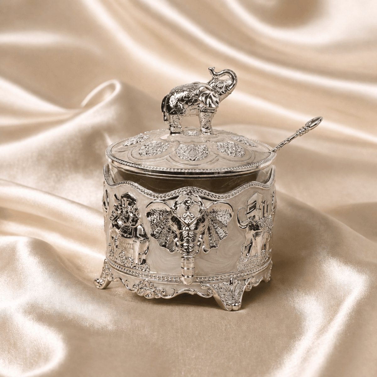Royal Elephant Round Dry Fruit Bowl with Lid & Spoon (11 x 12 cm) - Daamaira Home and Living Ltd