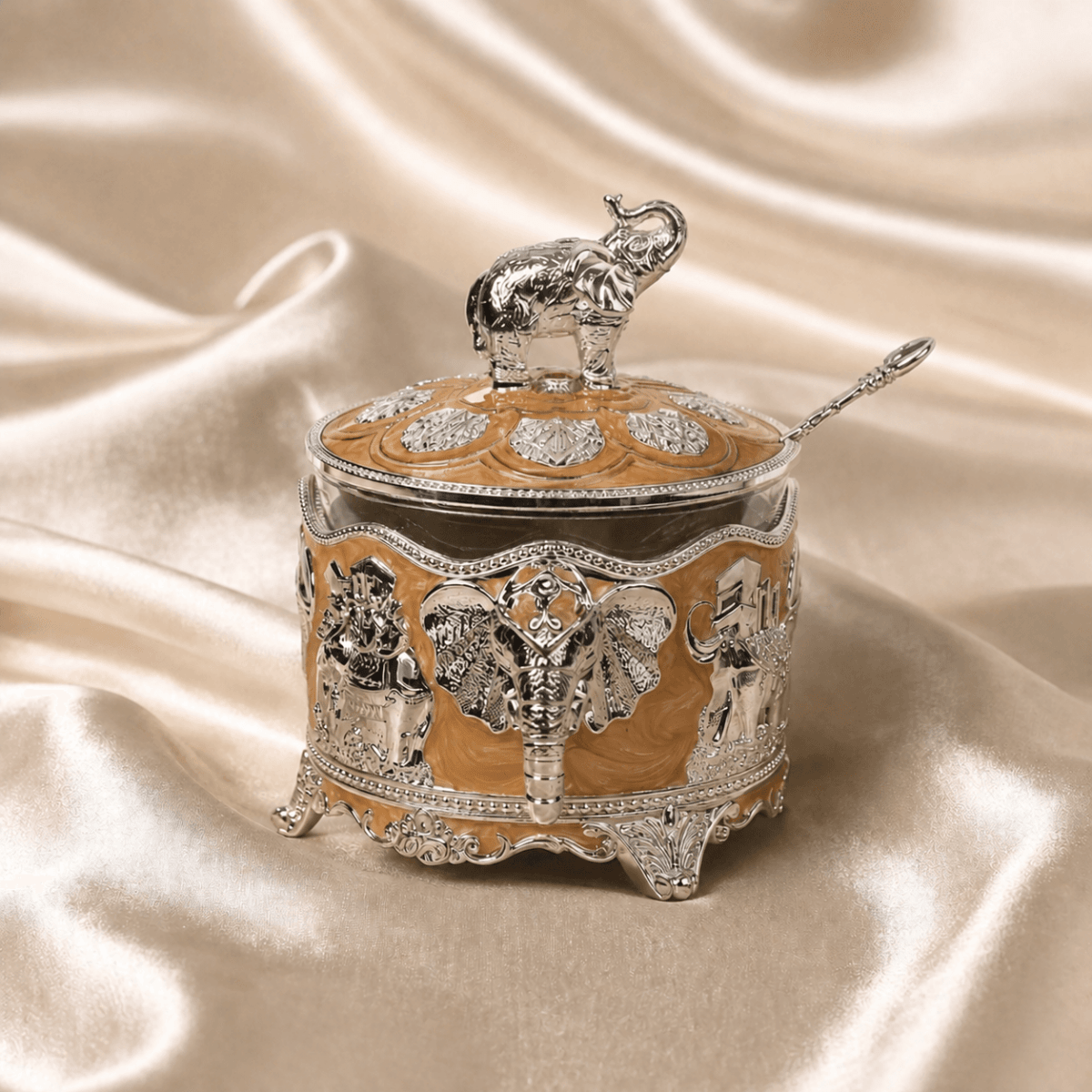 Royal Elephant Round Dry Fruit Bowl with Lid & Spoon (11 x 12 cm) - Daamaira Home and Living Ltd