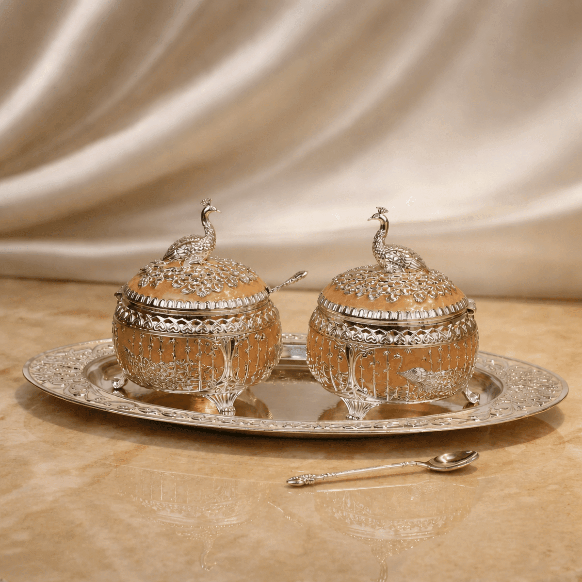Royal Peacock Dry Fruit Bowl Set with Tray (11 x 12 cm) - Daamaira Home and Living Ltd