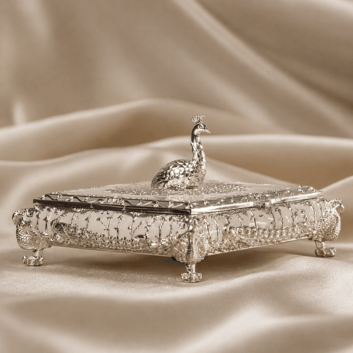Silver Crest Peacock Box - Daamaira Home and Living Ltd