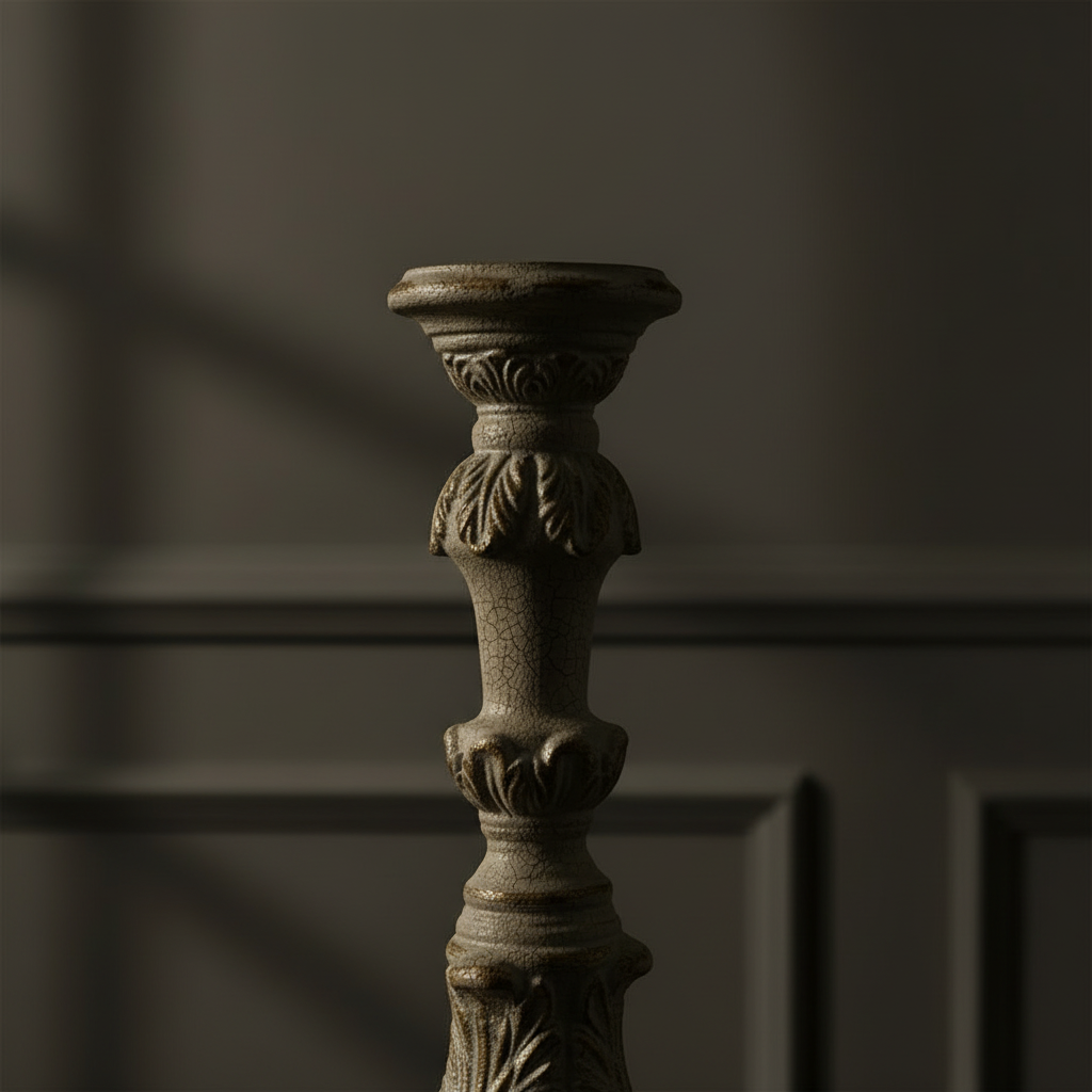 An ornate, dark gray stone or concrete candlestick holder with carved leaf and floral details, shown against a dark gray paneled wall background.